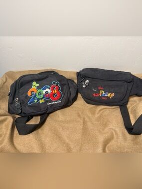 Two Disney Black Belt Bags with Colorful Embroidered Patches